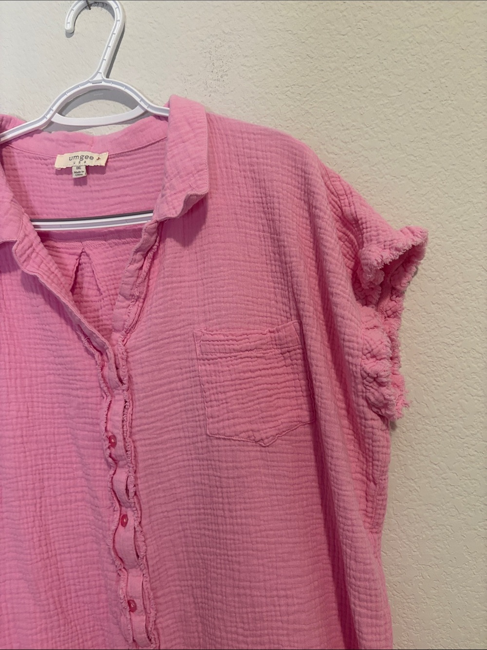 Women's Pink Button-Front Gauze Shirt - 100% cotton mini dress 1X - Picture 3 of 5